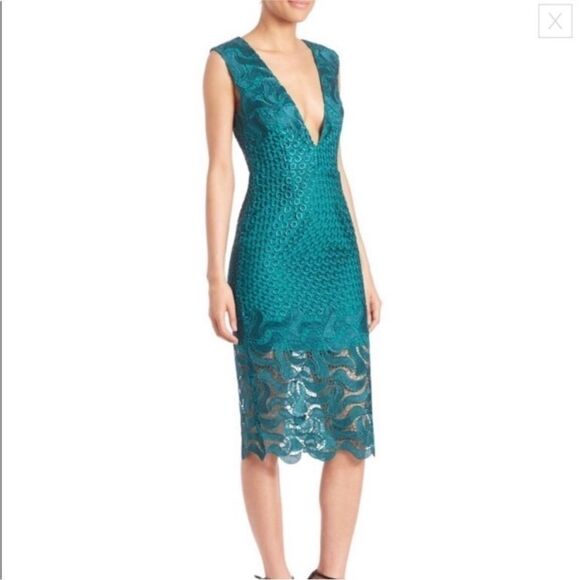 REVOLVE NICOLAS TEAL  Lace Deep V-neck Midi Cocktail Dress in Lagoon|  Size 8 - Picture 1 of 11